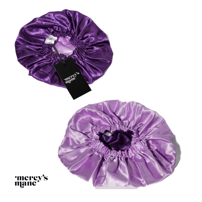 large hair bonnet for sleeping. Double lined purple and pink satin.