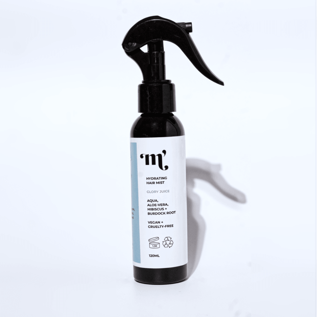 Hydrating hair mist. For dry, damaged and brittle hair. Infused with Aloe Vera, Hibiscus and Burdock Root. Replenish moisture loss and instantly condition hair. Activate curls and reduce brittleness. Mercy's Mane hair products.