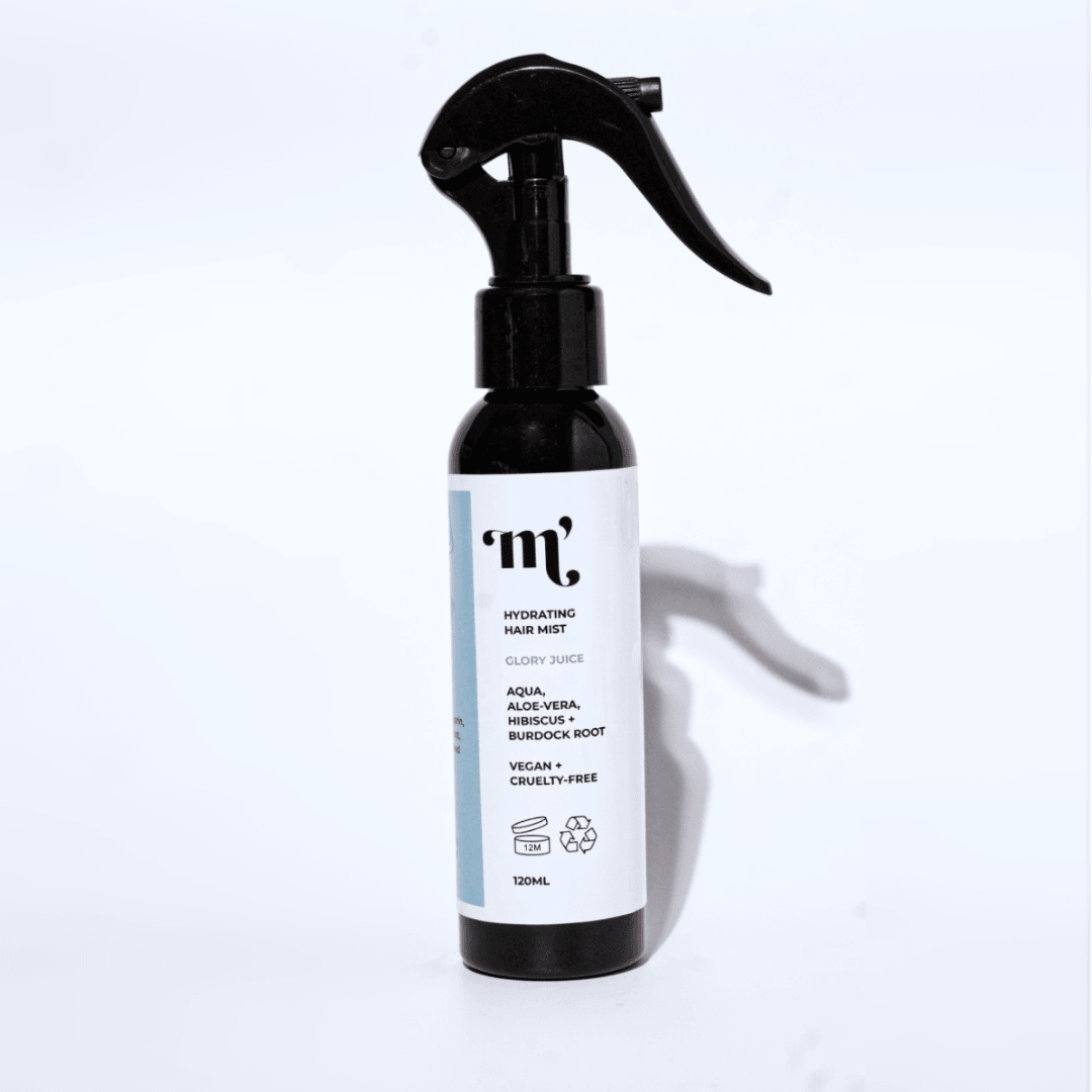 Hydrating hair mist. For dry, damaged and brittle hair. Infused with Aloe Vera, Hibiscus and Burdock Root. Replenish moisture loss and instantly condition hair. Activate curls and reduce brittleness. Mercy's Mane hair products. 