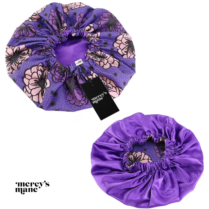 Purple silk hair bonnet to reduce frizz